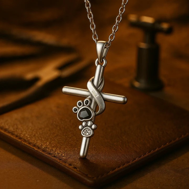 Collier avec pendentif en forme de patte et de croix en argent