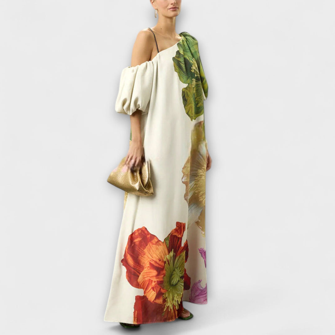 Skylar - Robe maxi à imprimé floral, décolleté asymétrique et manches ballons