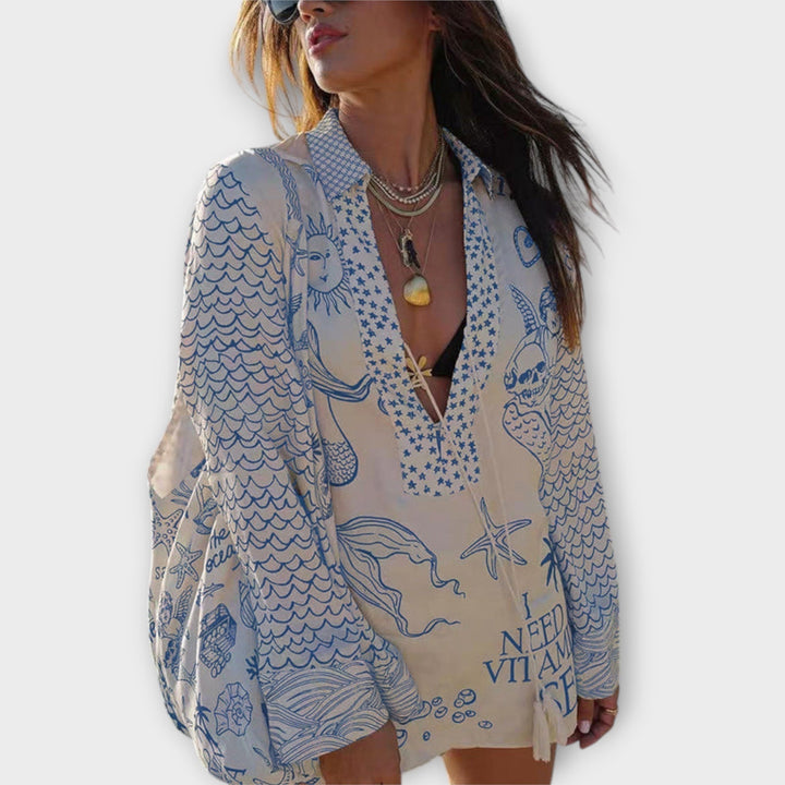 Liv - Ensemble de chemise et short en satin aquatique avec franges