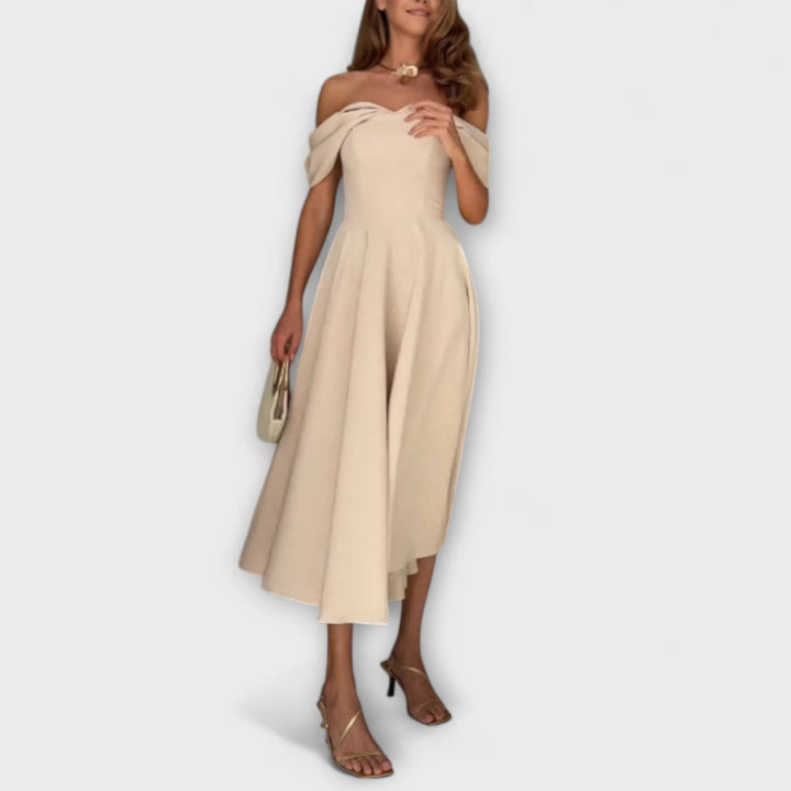 Romy - Robe maxi chic à épaules dénudées avec drapés