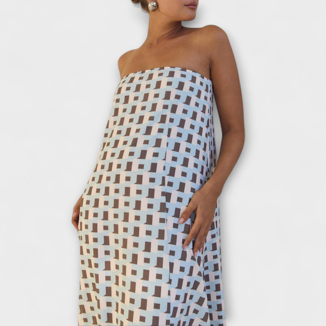 Brun - Robe maxi géométrique unique avec épaules dénudées