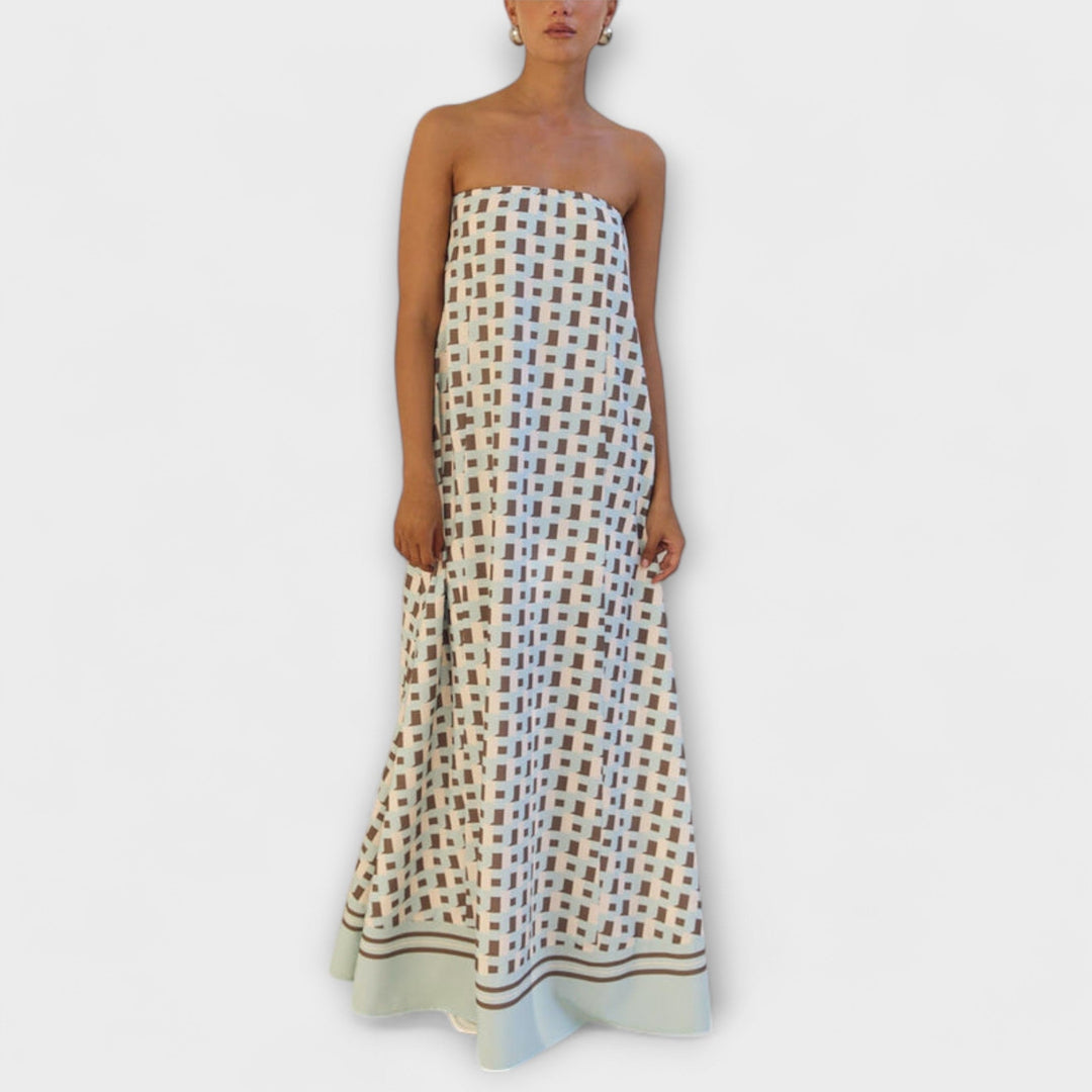 Brun - Robe maxi géométrique unique avec épaules dénudées