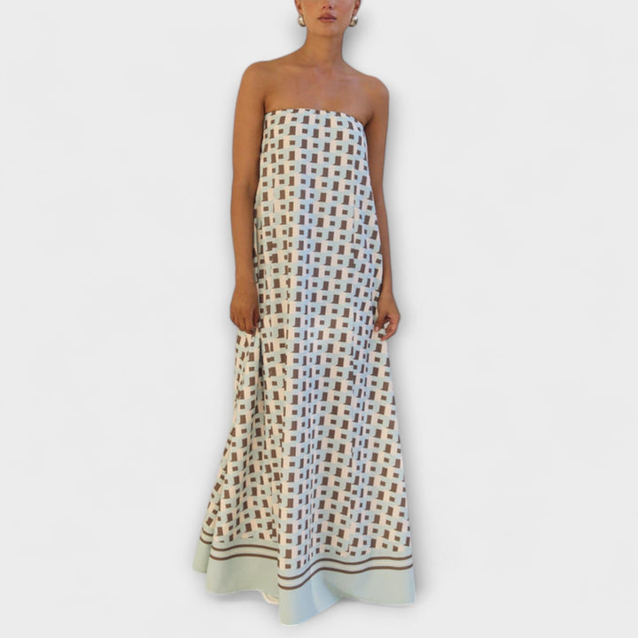 Brun - Robe maxi géométrique unique avec épaules dénudées