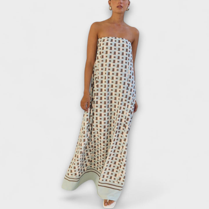 Brun - Robe maxi géométrique unique avec épaules dénudées