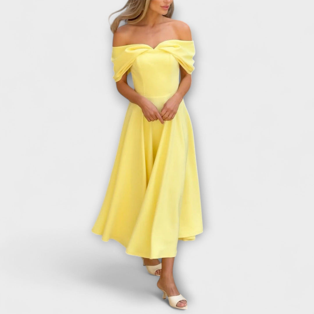 Romy - Robe maxi chic à épaules dénudées avec drapés
