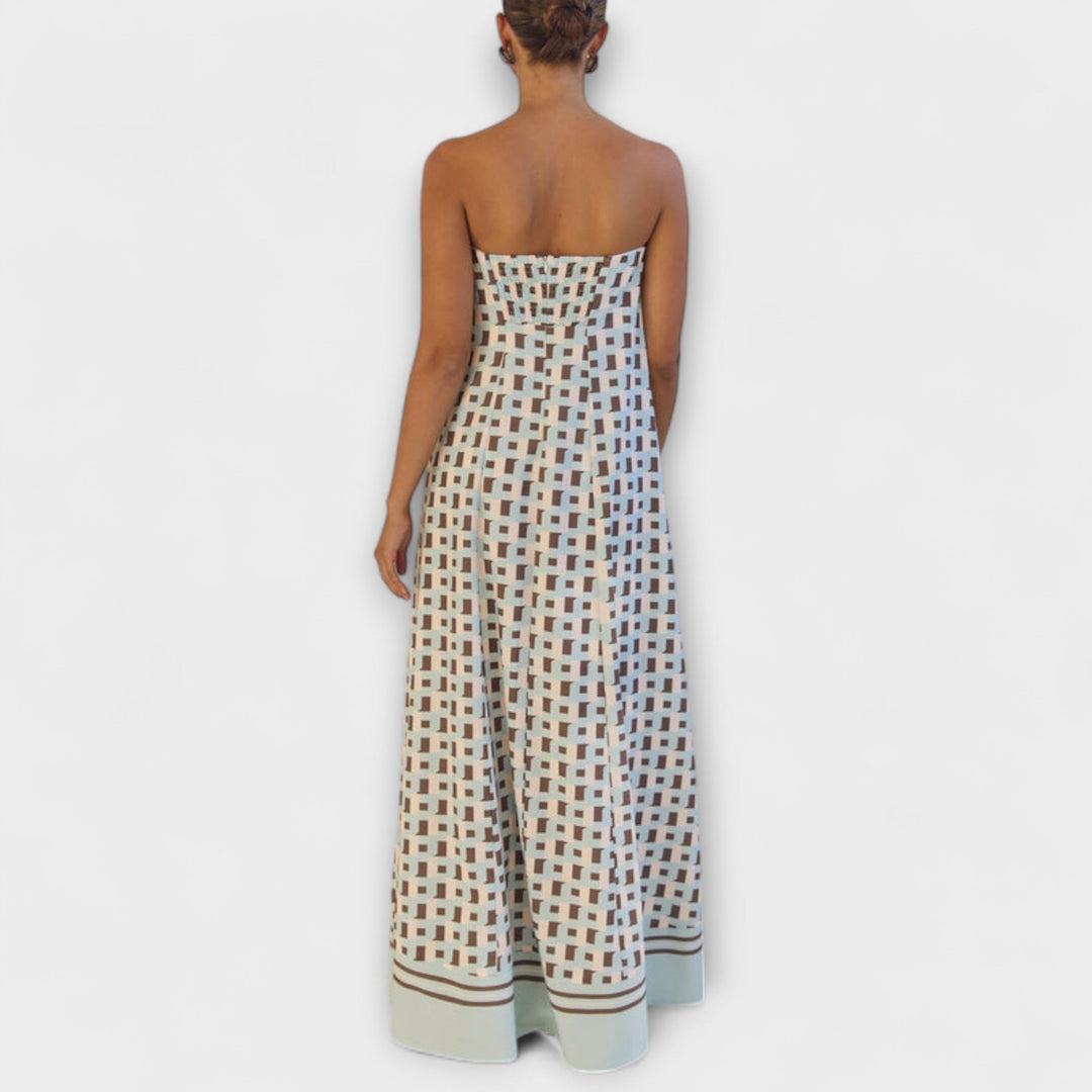 Brun - Robe maxi géométrique unique avec épaules dénudées