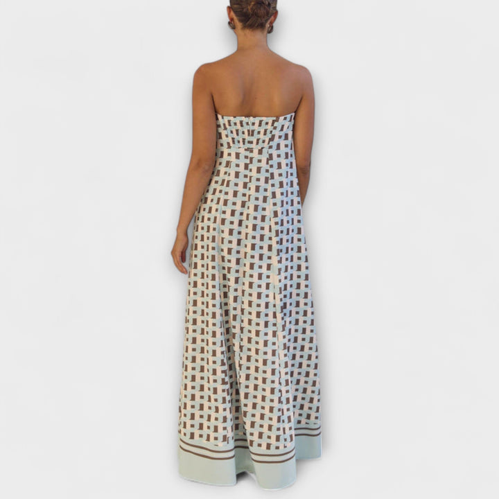 Brun - Robe maxi géométrique unique avec épaules dénudées