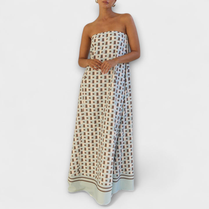 Brun - Robe maxi géométrique unique avec épaules dénudées