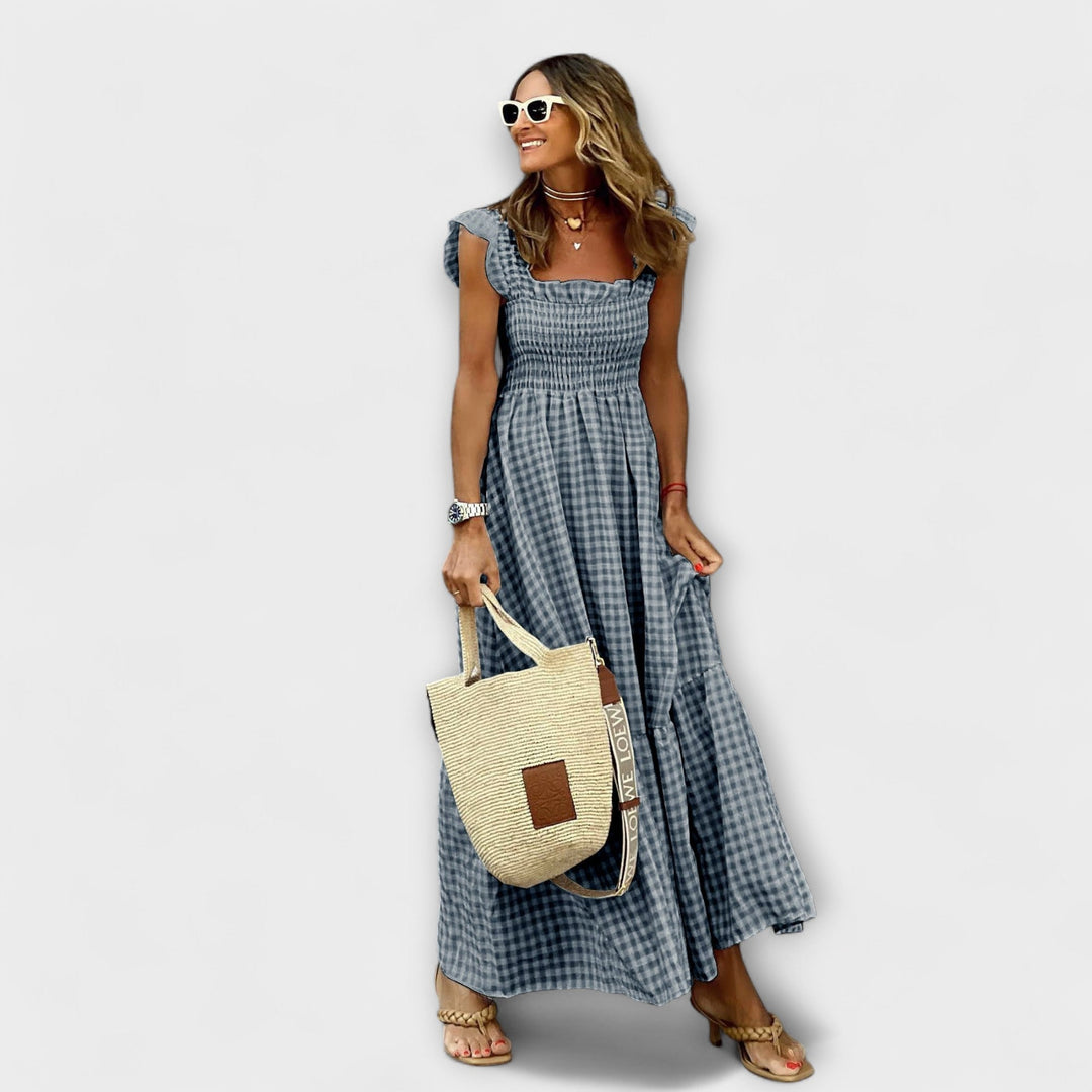 Robe Maxi Carreaux avec Manches Volantes