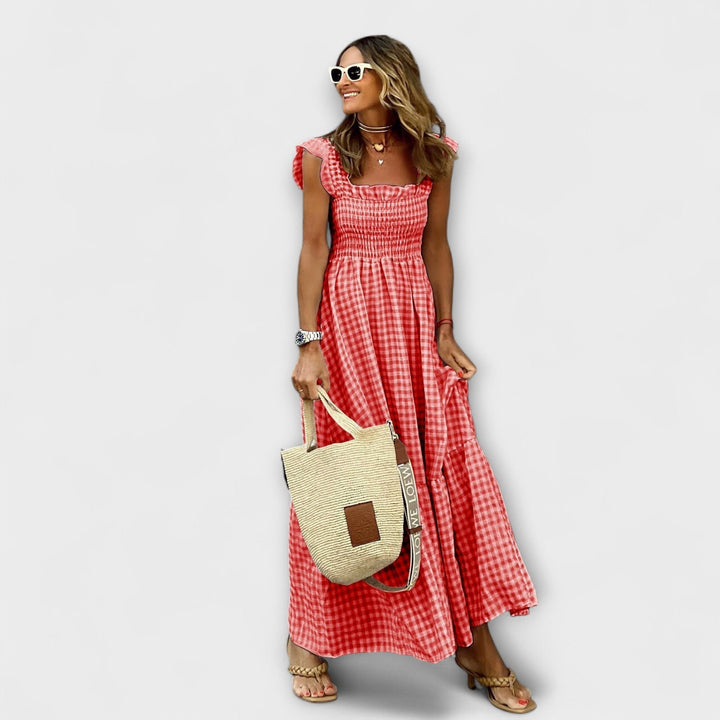 Robe Maxi Carreaux avec Manches Volantes