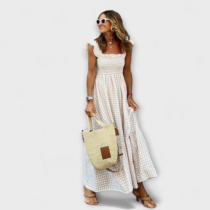 Robe Maxi Carreaux avec Manches Volantes