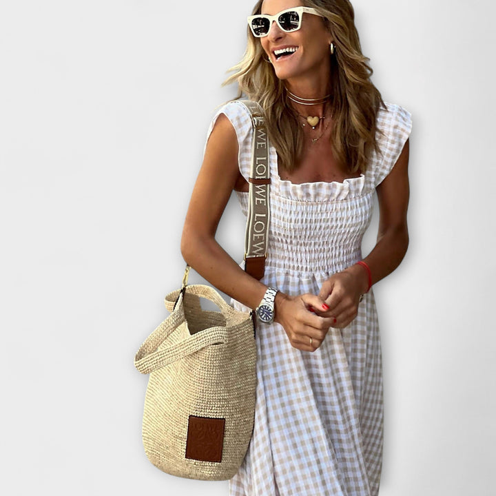 Robe Maxi Carreaux avec Manches Volantes