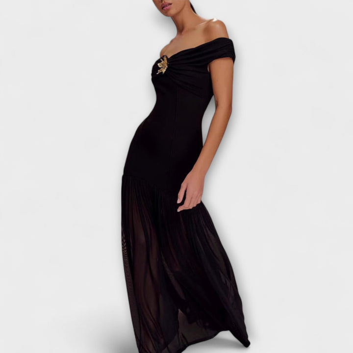 Maelie - Robe maxi bodycon sans bretelles élégante avec ornements floraux