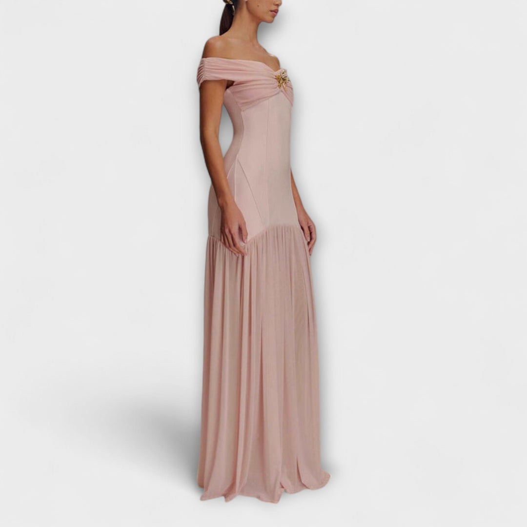 Maelie - Robe maxi bodycon sans bretelles élégante avec ornements floraux