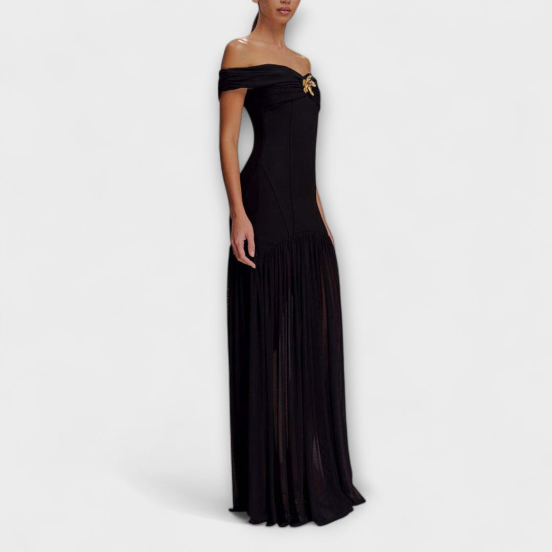 Maelie - Robe maxi bodycon sans bretelles élégante avec ornements floraux