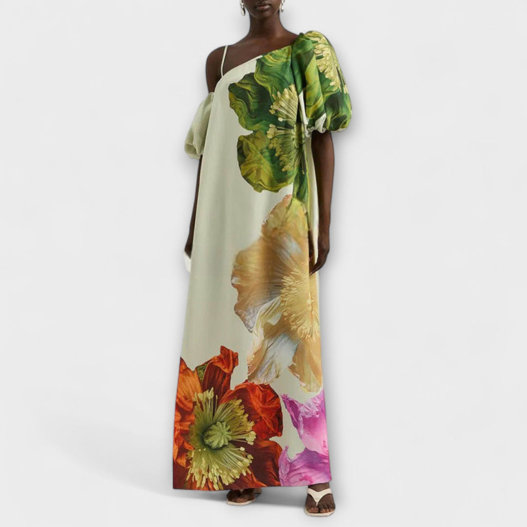 Skylar - Robe maxi à imprimé floral, décolleté asymétrique et manches ballons