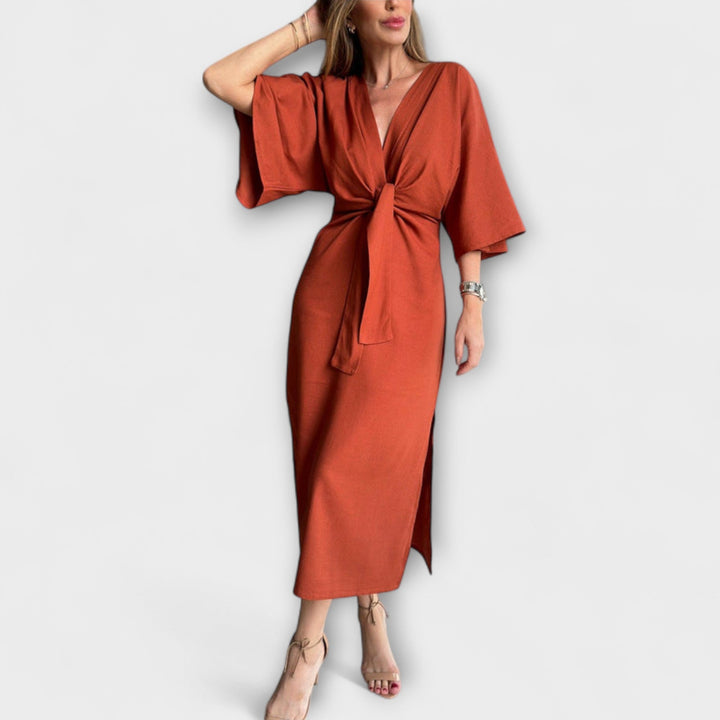 Holly - Robe décontractée avec décolleté en V fabriquée en coton et lin avec lacets