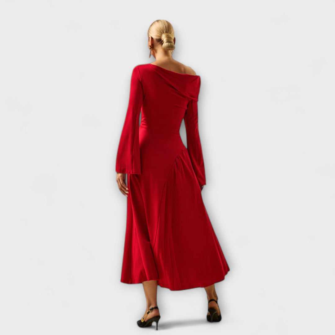 Willa - Robe midi avec épaules dénudées et manches ballon froncées