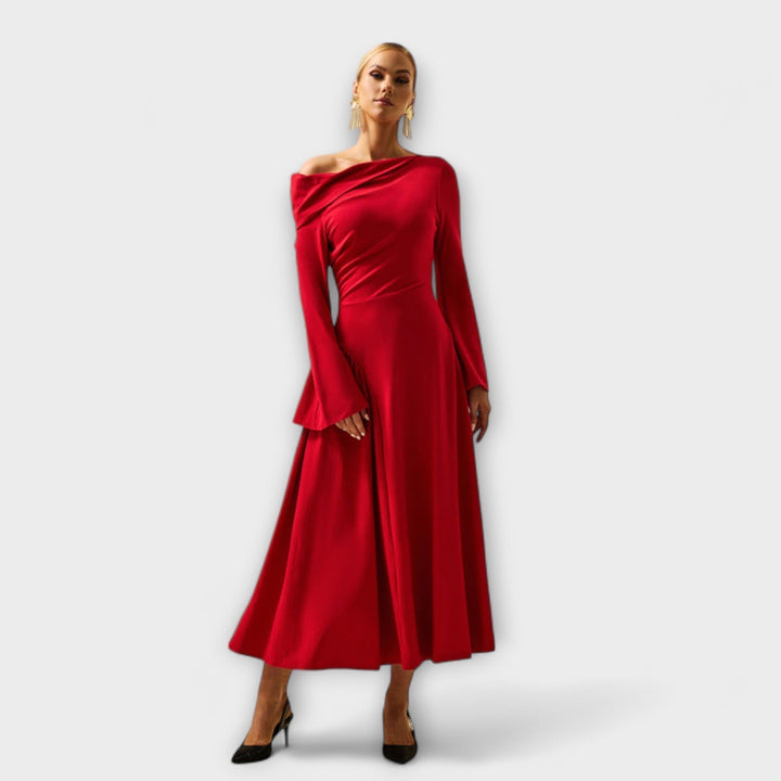Willa - Robe midi avec épaules dénudées et manches ballon froncées