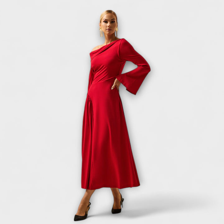 Willa - Robe midi avec épaules dénudées et manches ballon froncées