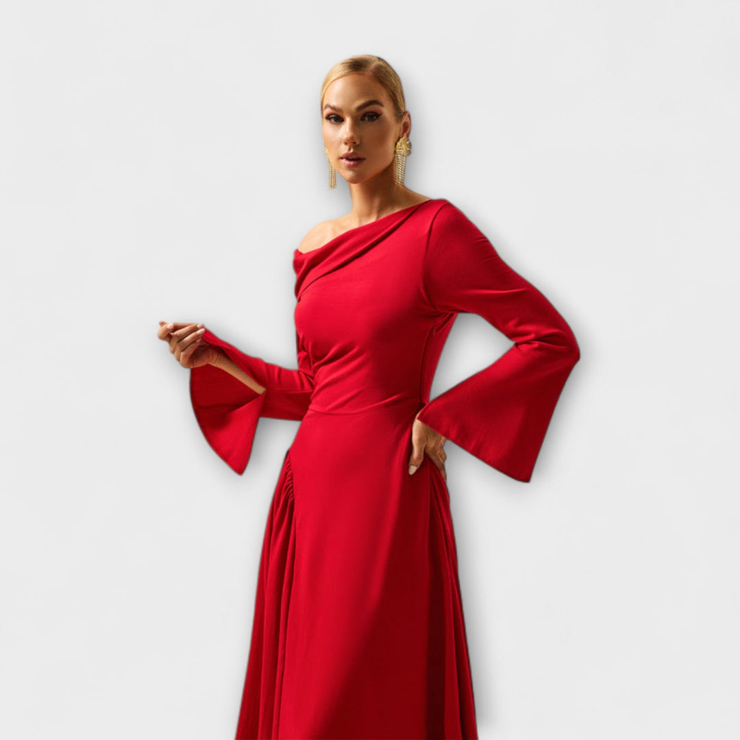 Willa - Robe midi avec épaules dénudées et manches ballon froncées