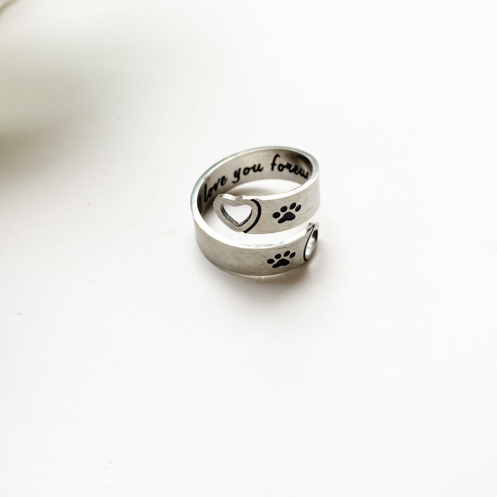 Bague ajustable avec motif de patte et cœur – Acier inoxydable