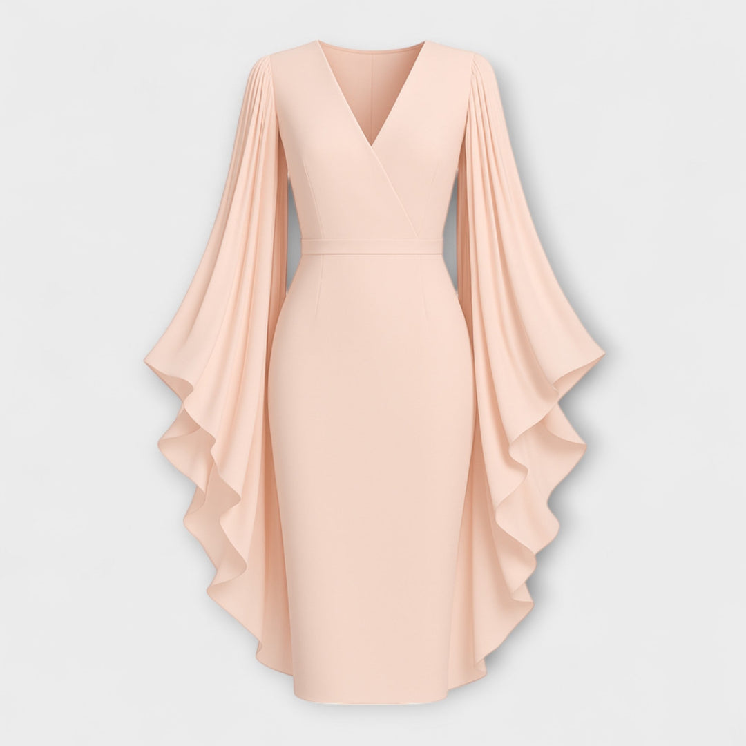 Rachel - Robe midi rose avec décolleté en V et manches en chiffon