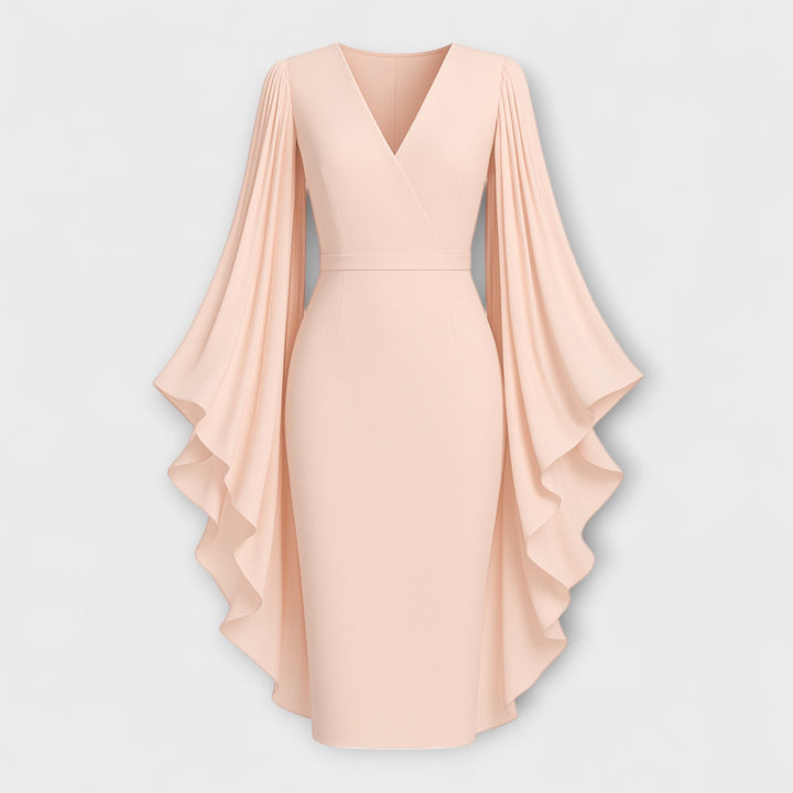 Rachel - Robe midi rose avec décolleté en V et manches en chiffon
