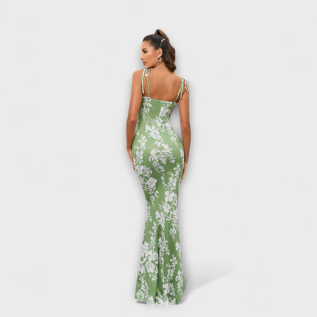 Thalia - Robe de bal à imprimé floral et bretelles nouées