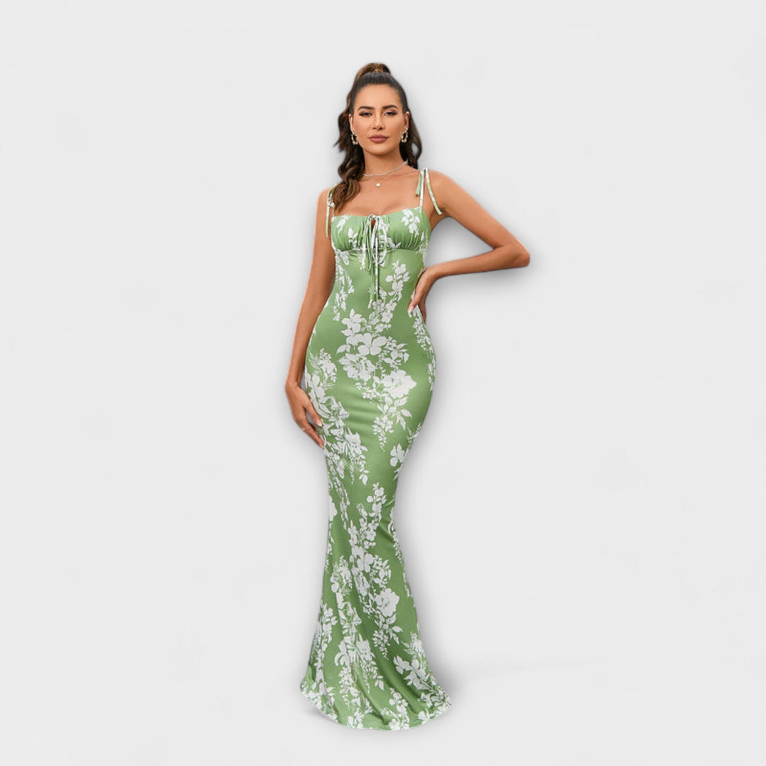 Thalia - Robe de bal à imprimé floral et bretelles nouées