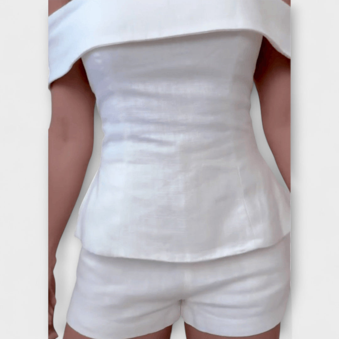 Olivia - Ensemble bi-matière en coton et lin blanc