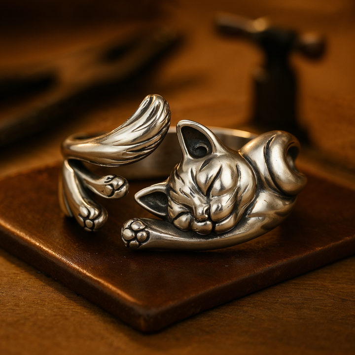 Bague vintage avec un chat en argent