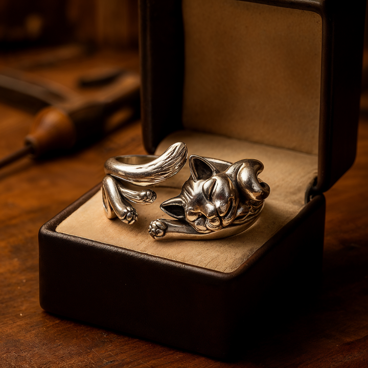 Bague vintage avec un chat en argent
