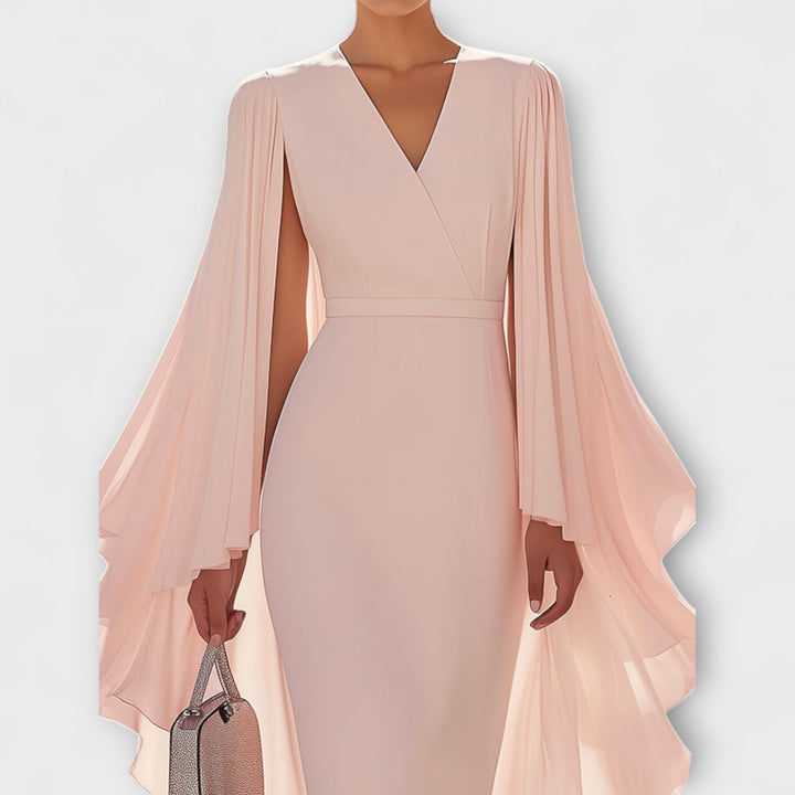 Rachel - Robe midi rose avec décolleté en V et manches en chiffon