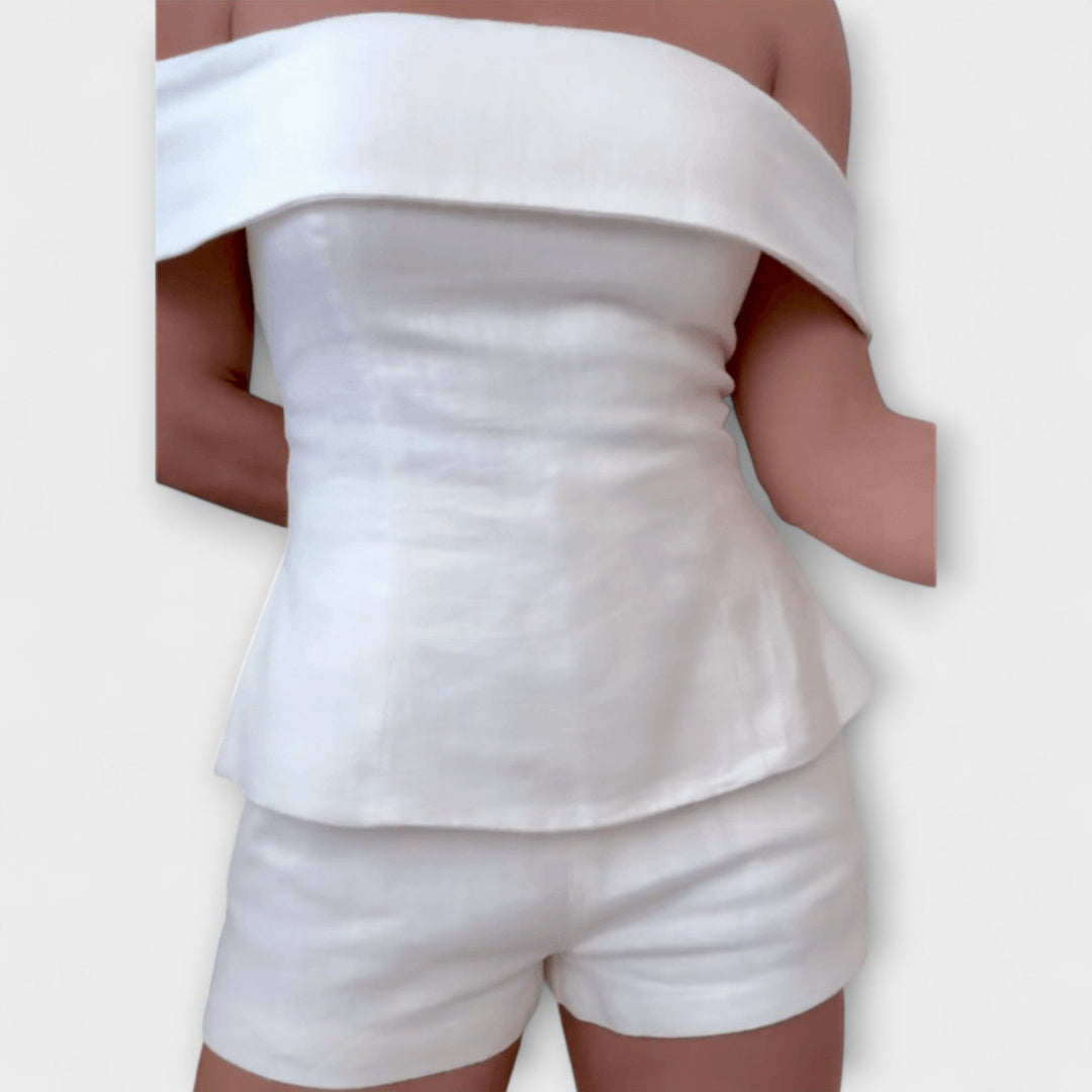 Olivia - Ensemble bi-matière en coton et lin blanc