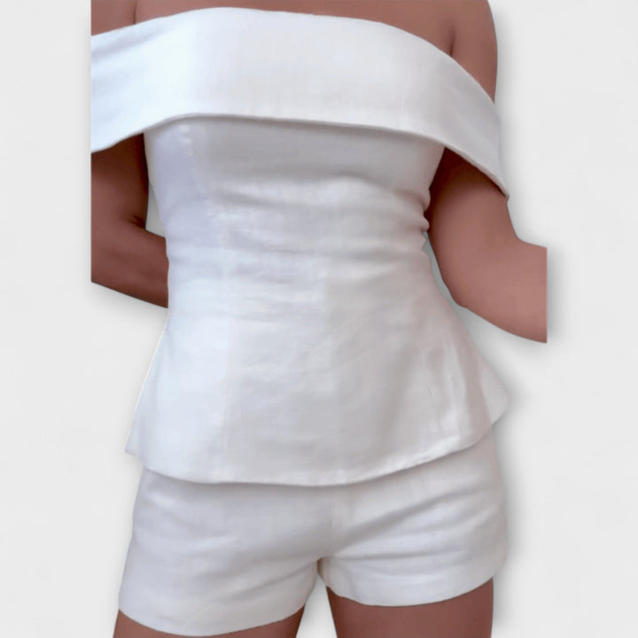 Olivia - Ensemble bi-matière en coton et lin blanc