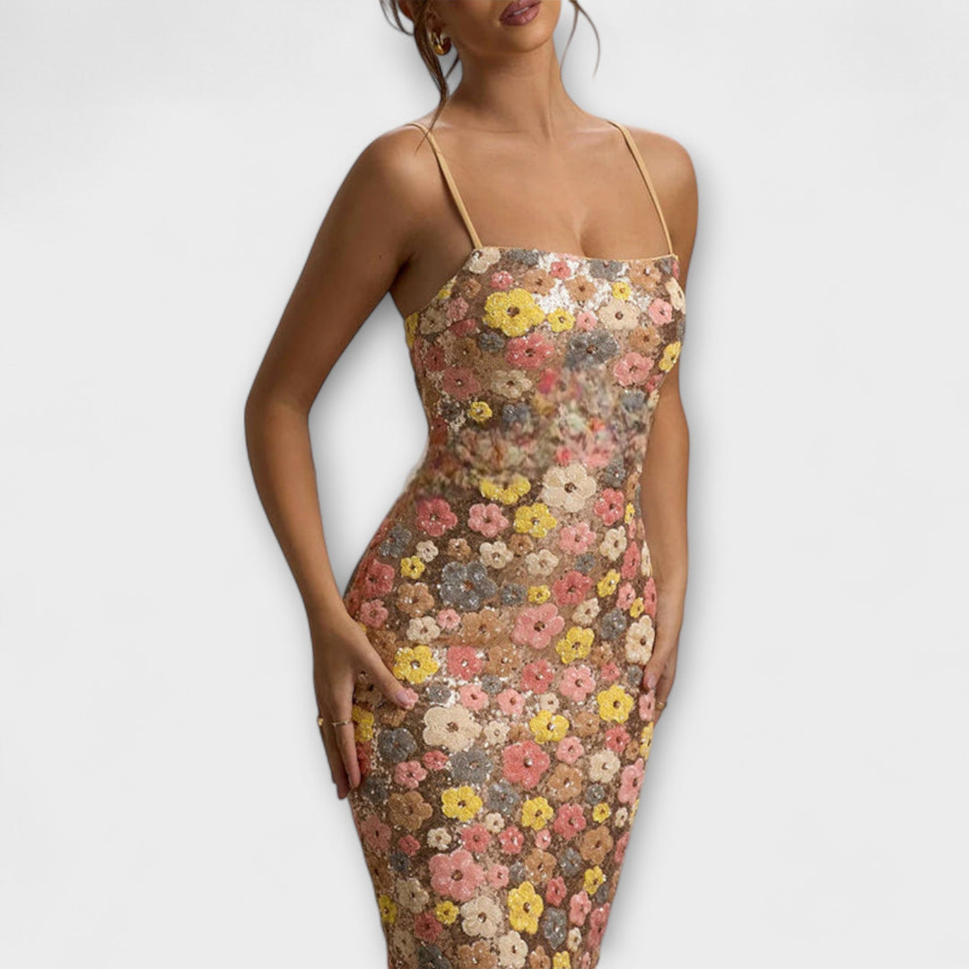 Oakley - Maxi Robe avec Fleurs et Paillettes dans le Style des Années 80