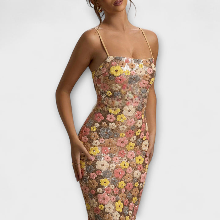 Oakley - Maxi Robe avec Fleurs et Paillettes dans le Style des Années 80
