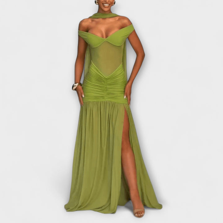 Nicole - Robe maxi avec décolleté en V olive