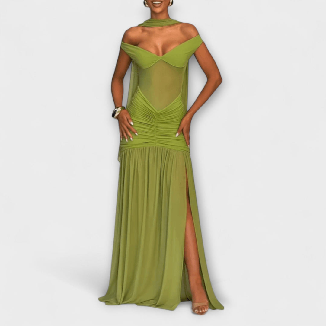 Nicole - Robe maxi avec décolleté en V olive
