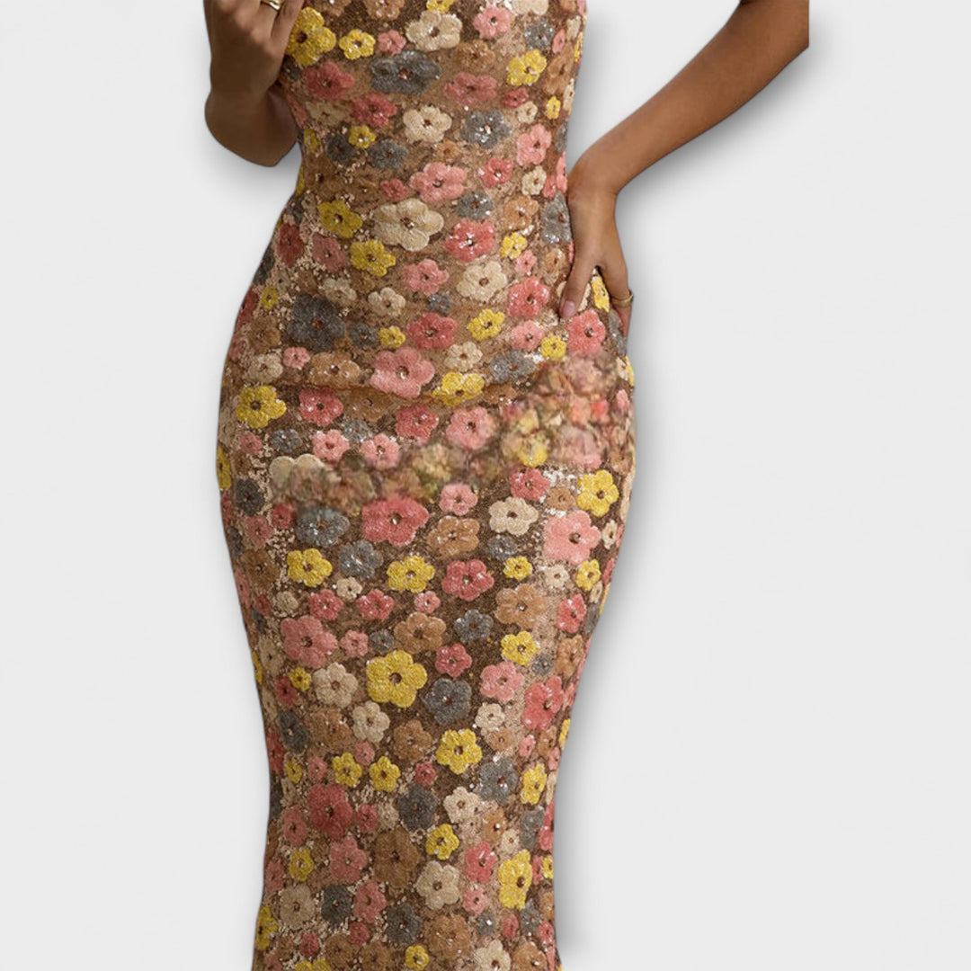 Oakley - Maxi Robe avec Fleurs et Paillettes dans le Style des Années 80