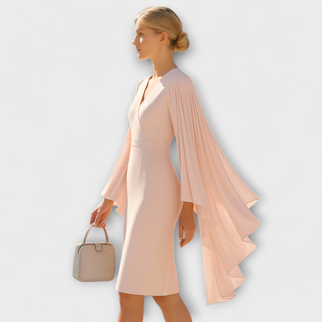 Rachel - Robe midi rose avec décolleté en V et manches en chiffon