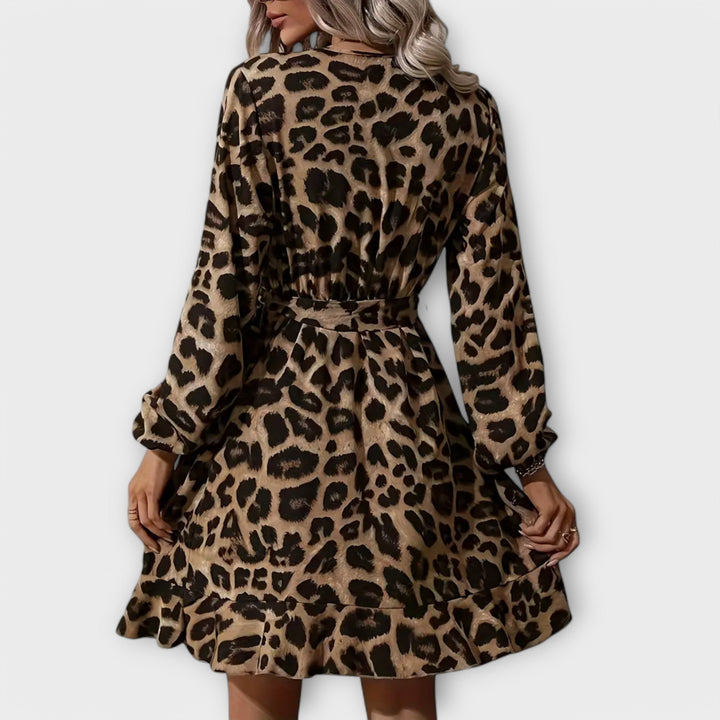 Robes élégantes avec imprimé léopard, décolleté en V et ceinture ajustable