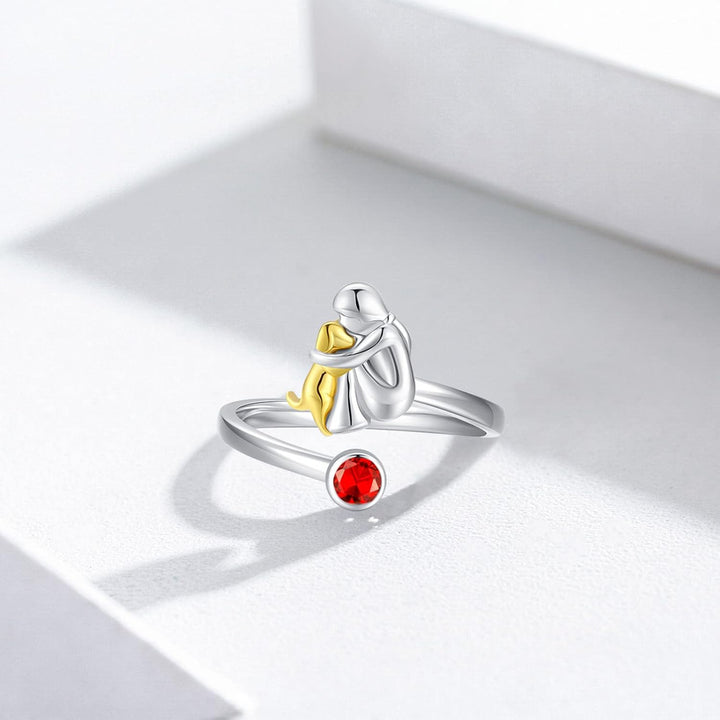 Bague en argent avec un chien et une fille – Réglable et symbolique
