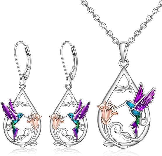 Magnifique collier avec un colibri pour femmes avec des boucles d'oreilles offertes