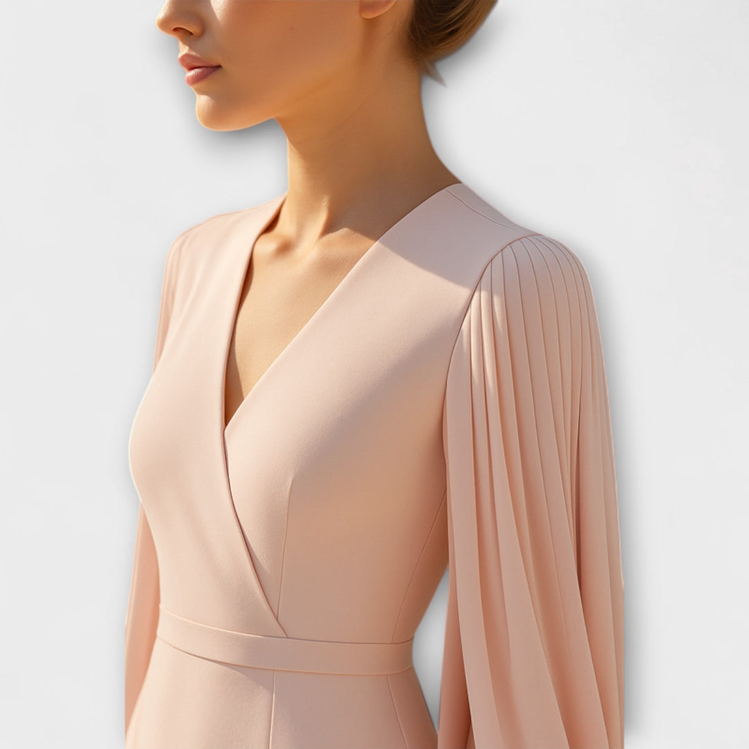 Rachel - Robe midi rose avec décolleté en V et manches en chiffon