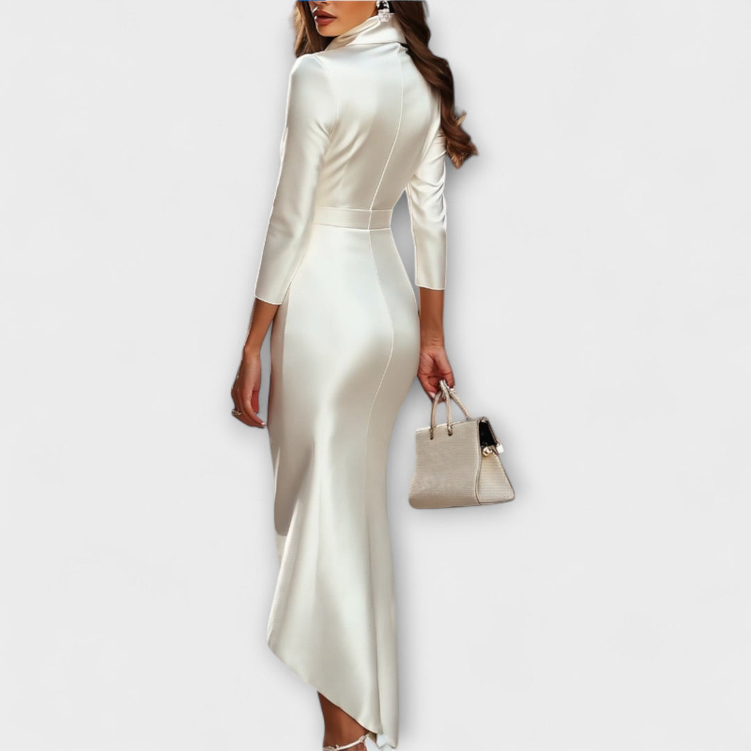 Rebecca - Élégante robe midi en satin blanc avec décolleté en V