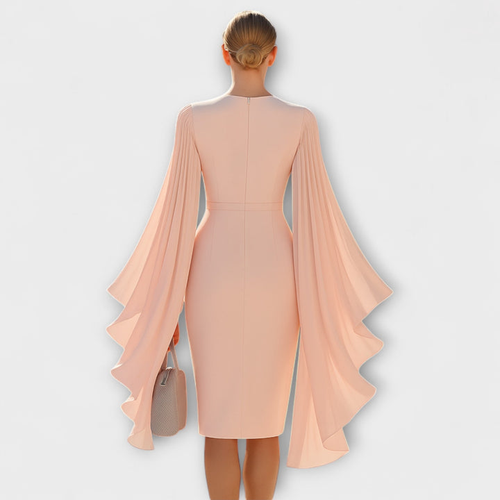 Rachel - Robe midi rose avec décolleté en V et manches en chiffon
