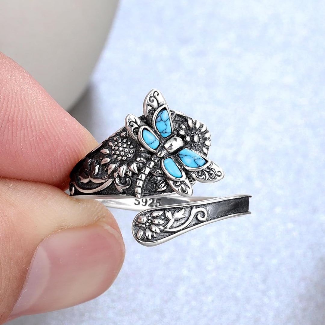 Bague en argent en forme de cuillère avec turquoise – Bague vintage boho avec libellule