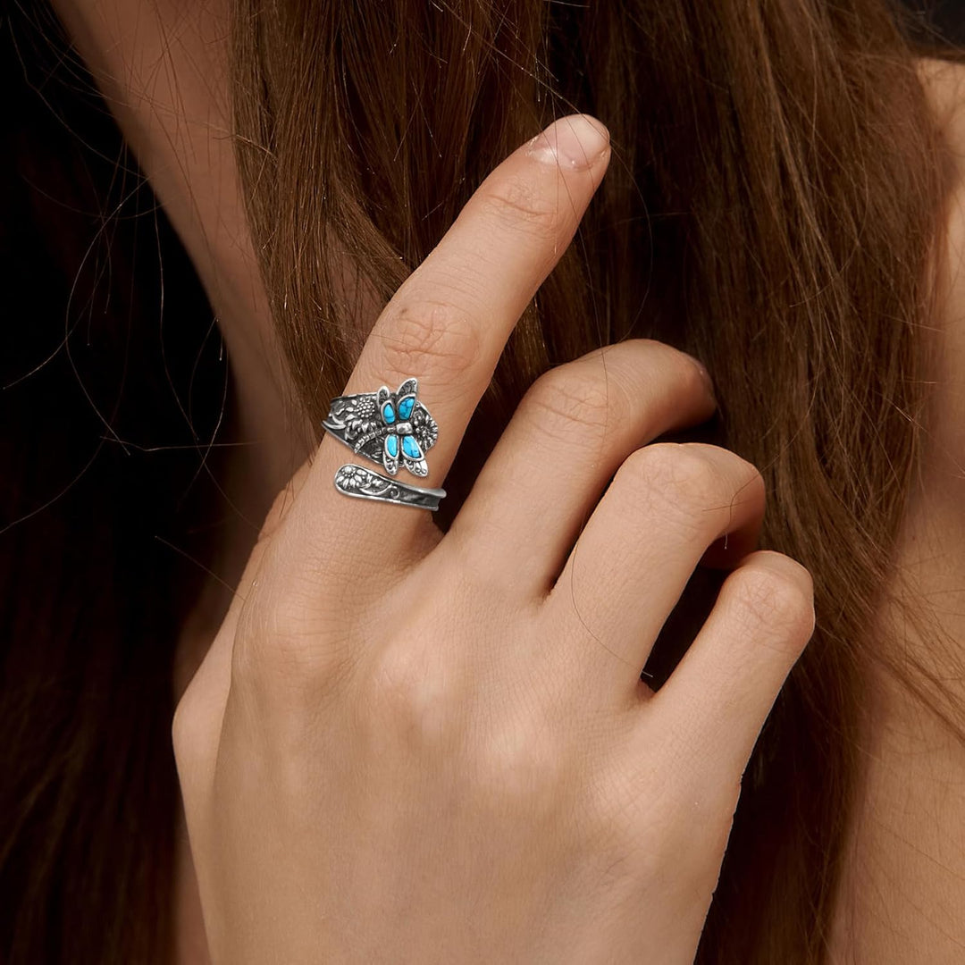 Bague en argent en forme de cuillère avec turquoise – Bague vintage boho avec libellule